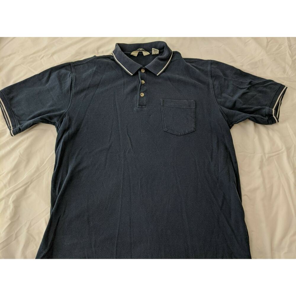 Mens Eddie Bauer Golf tshirt Size Med Navy with Stripe Collar